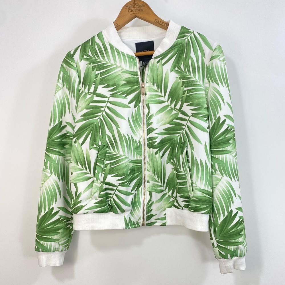 Palm Leaf Bomber Jacket Small Medium Lined Tropical Palm Tree Print Botanical